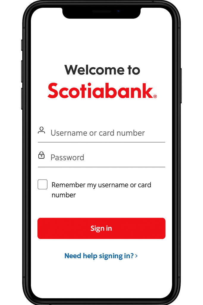 Scotiabank sign in screen on a mobile phone