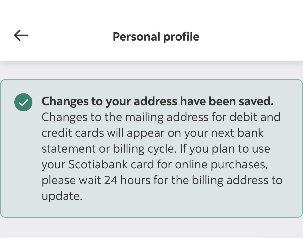 Changes to your address have been saved success box.